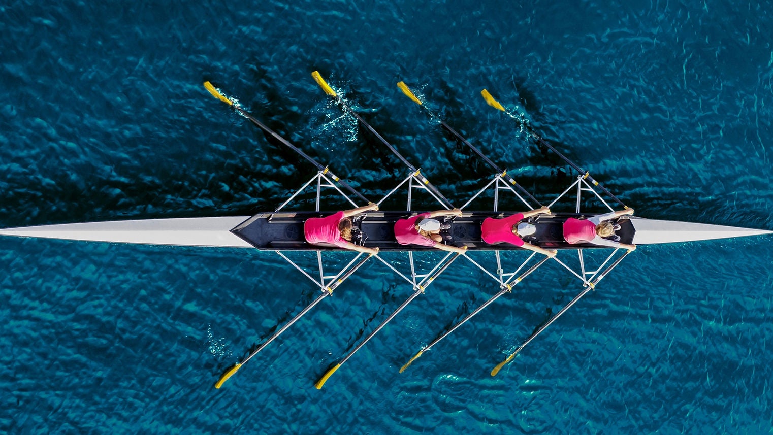 Women's rowing team on blue water, top view