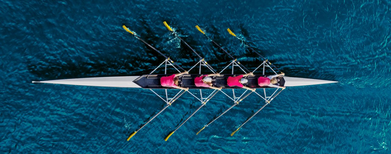 Women's rowing team on blue water, top view